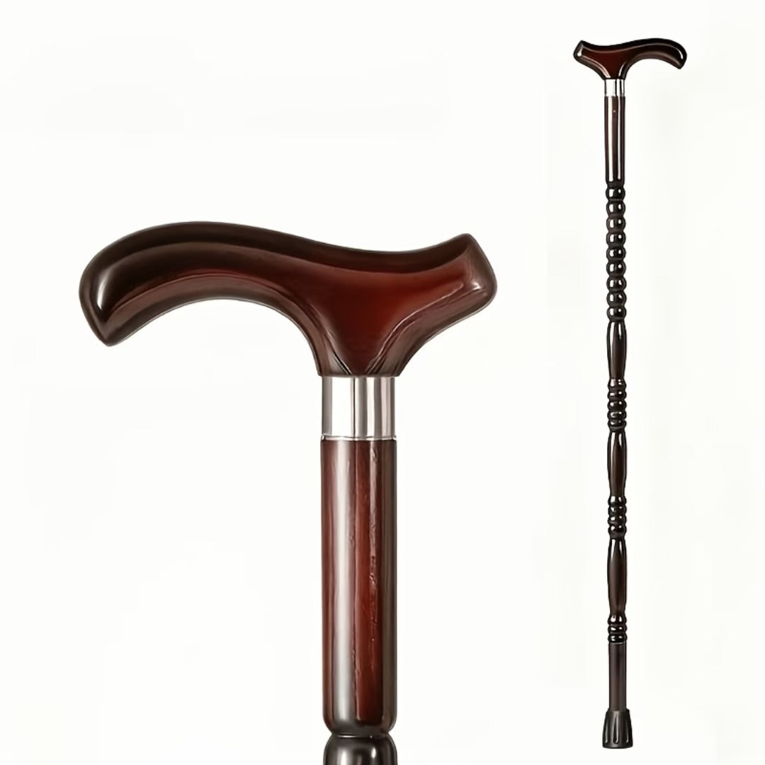 Dark Wood Derby Walking Cane, Silver Collar - handle close-up and full length