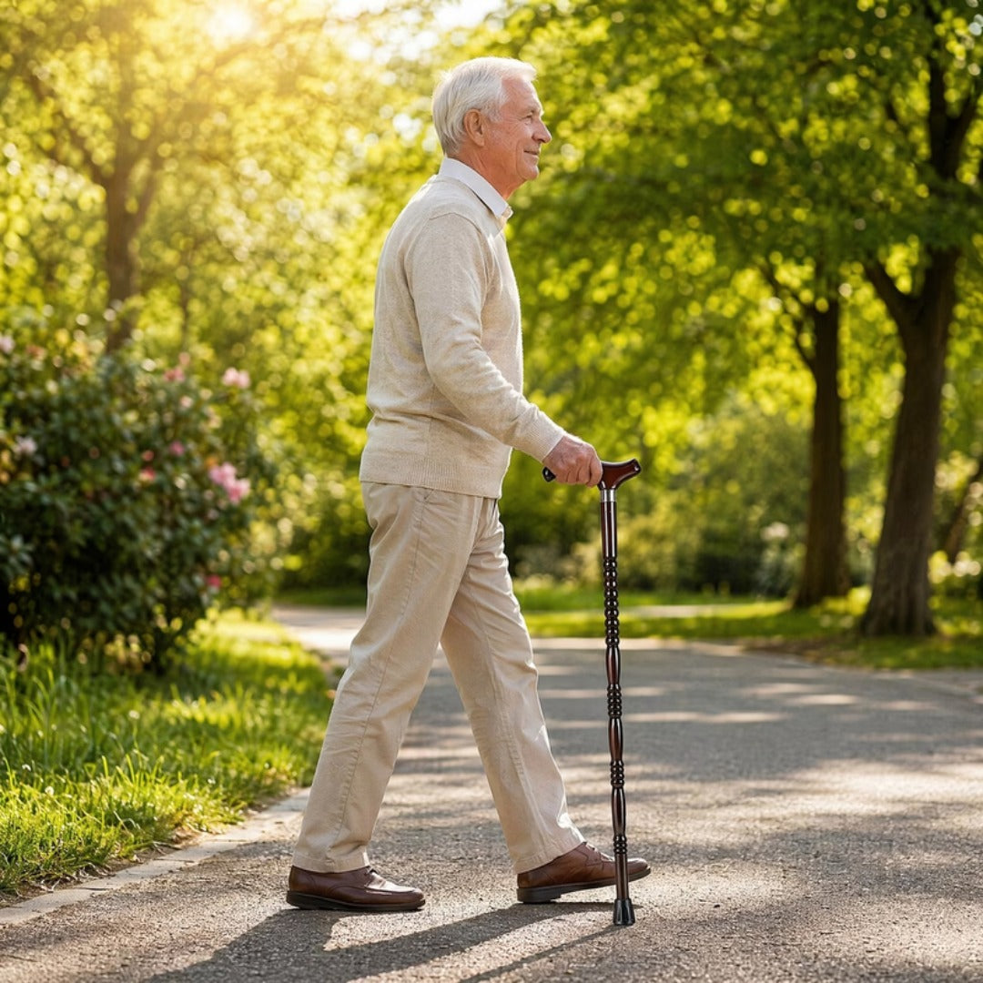 Dark Wood Derby Walking Cane in use on a park path