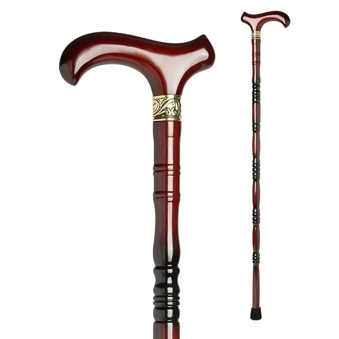 Ornate Collar Derby Walking Cane, Beech Wood - handle close-up and full length