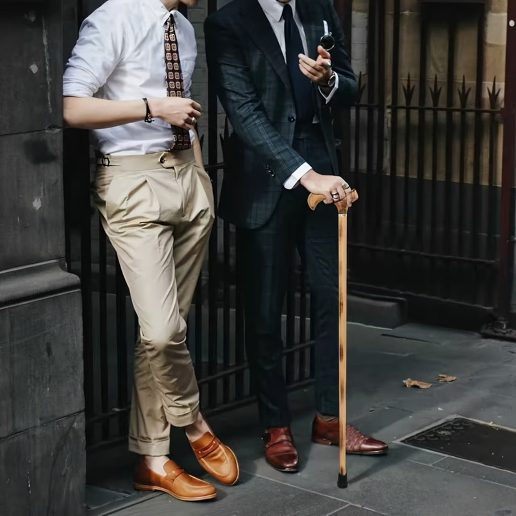 Two-Tone Beech Derby Walking Cane in use on a city street