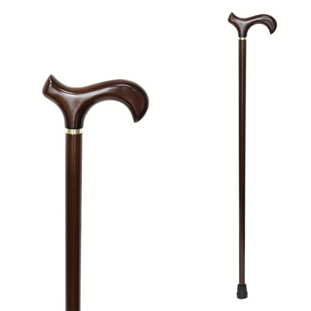 Dark Beech Derby Walking Cane, Brass Collar - handle close-up and full length