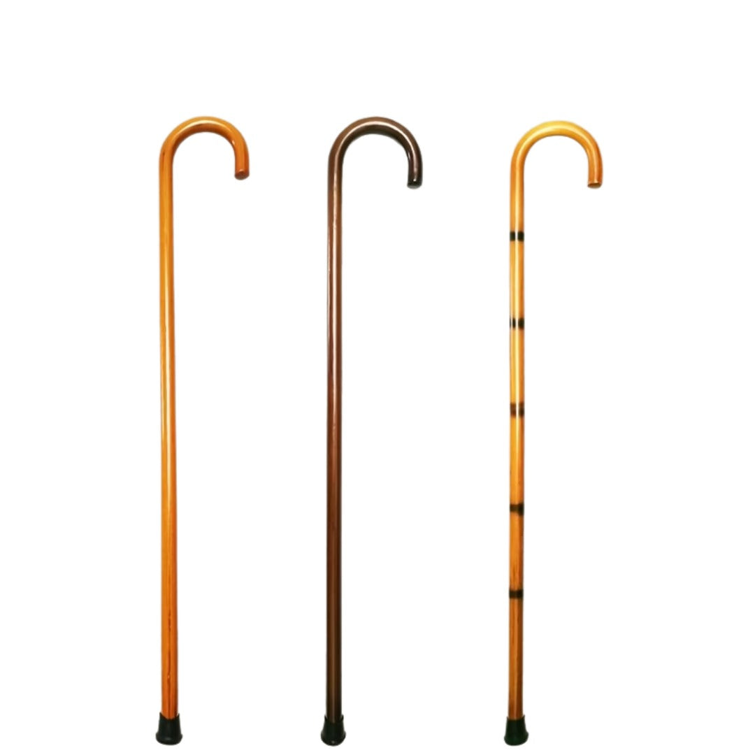 One-Piece Beech Crook Walking Stick shown in light brown, dark brown and dual-tone