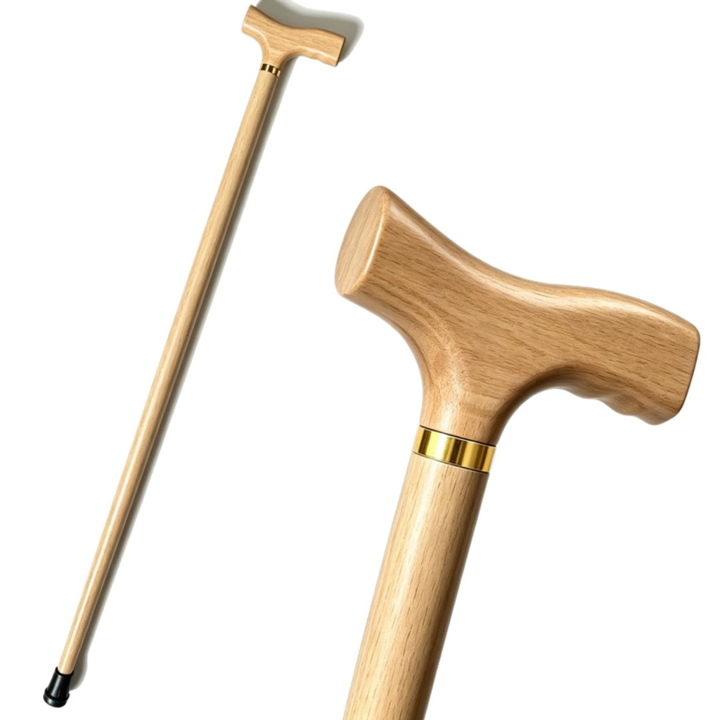 Flat End Beech Walking Cane in light brown with gold collar