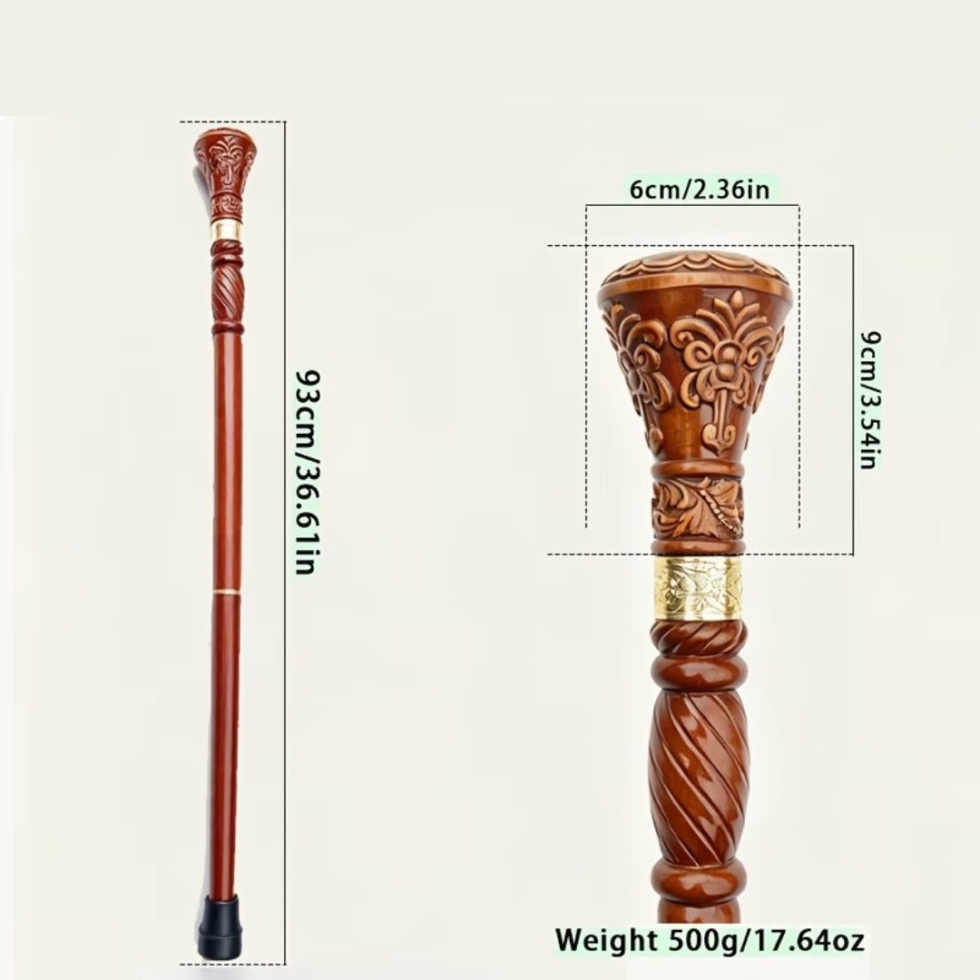 Carved Designer Walking Cane, handle detail and dimensions