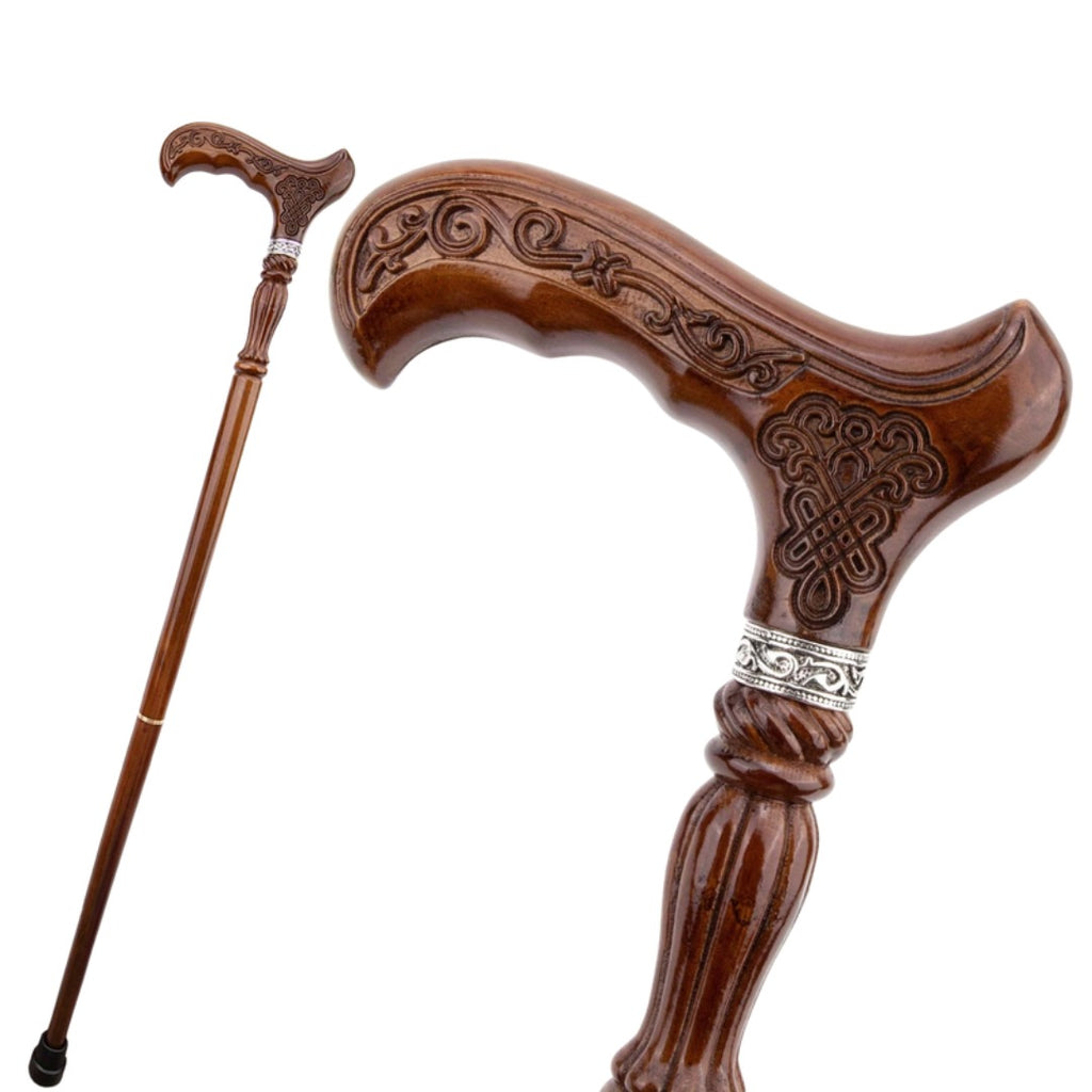 Hand Carved Walking Cane with Celtic knotwork handle and silver collar