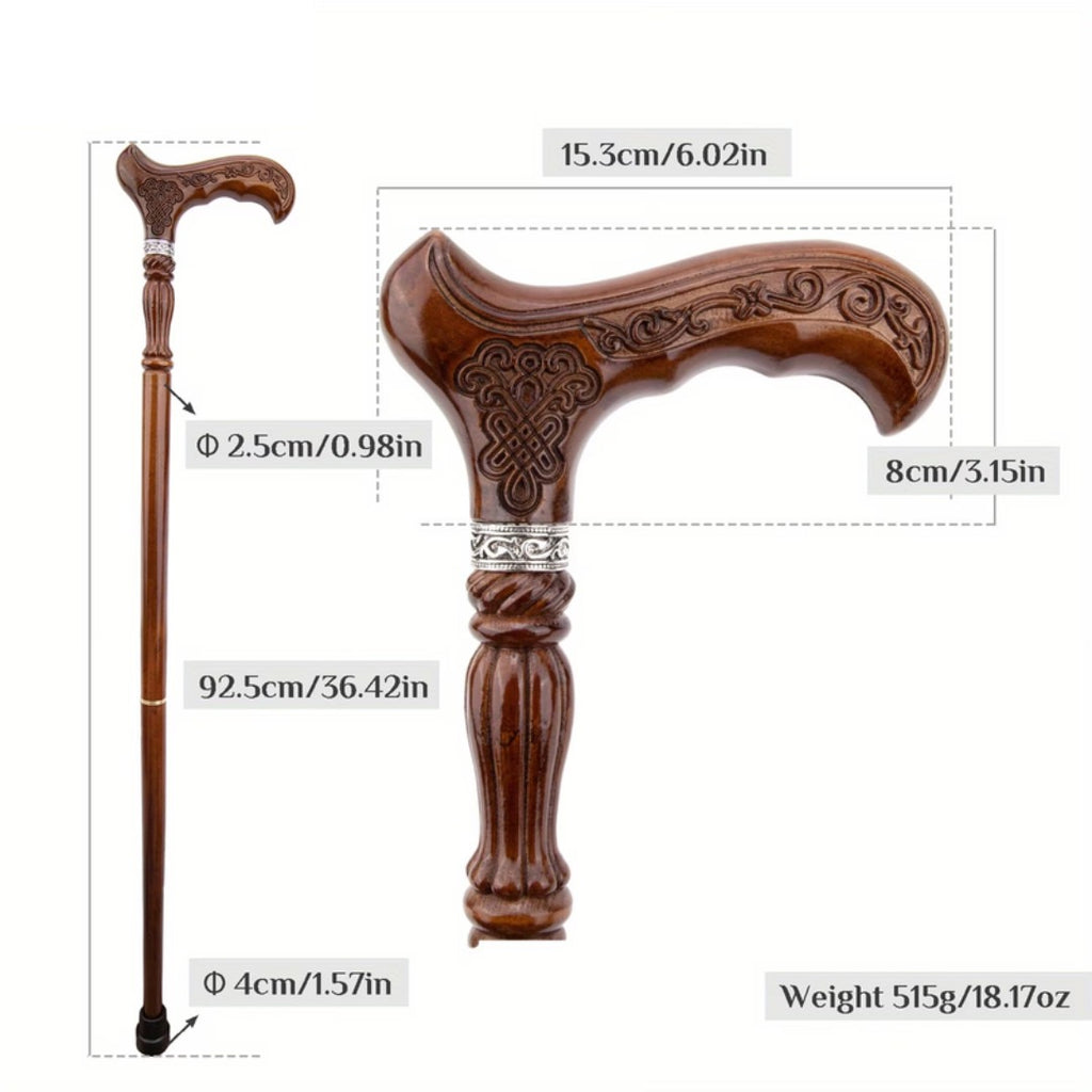 Hand Carved Walking Cane, handle detail and dimensions