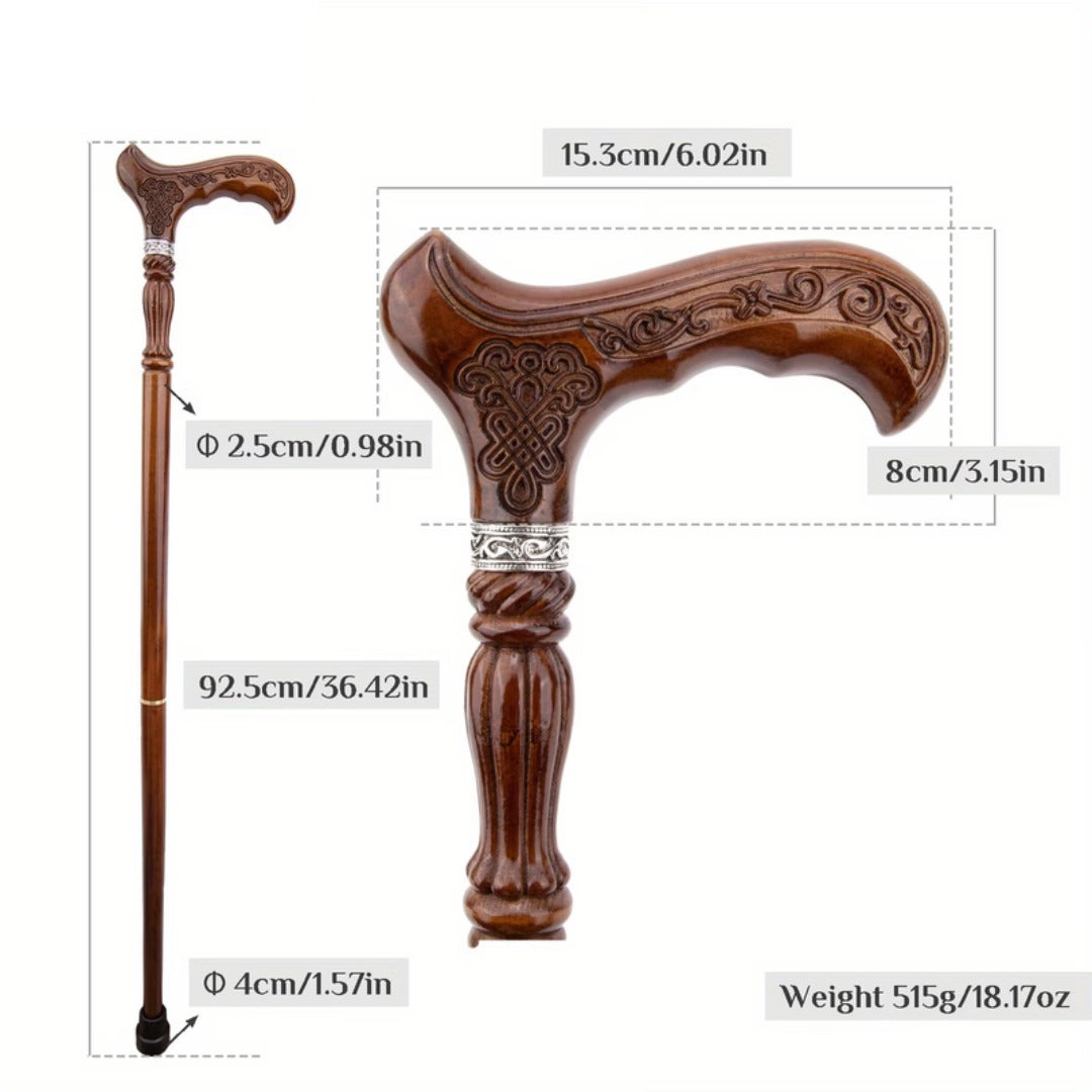 Hand Carved Walking Cane, handle detail and dimensions