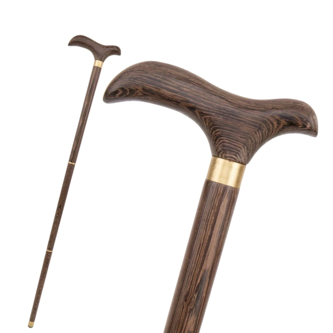 Brown walking stick with Derby handle, brass collar and full length view