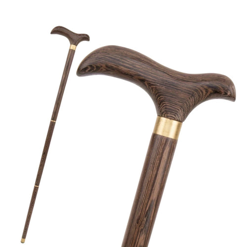 Brown walking stick with Derby handle, brass collar and full length view