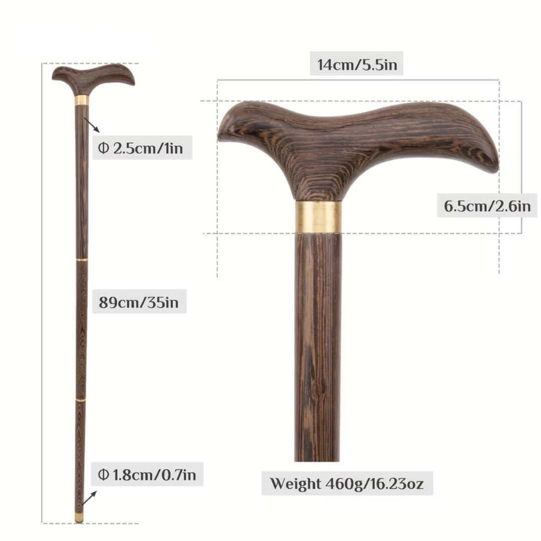 Brown walking stick, handle detail and dimensions