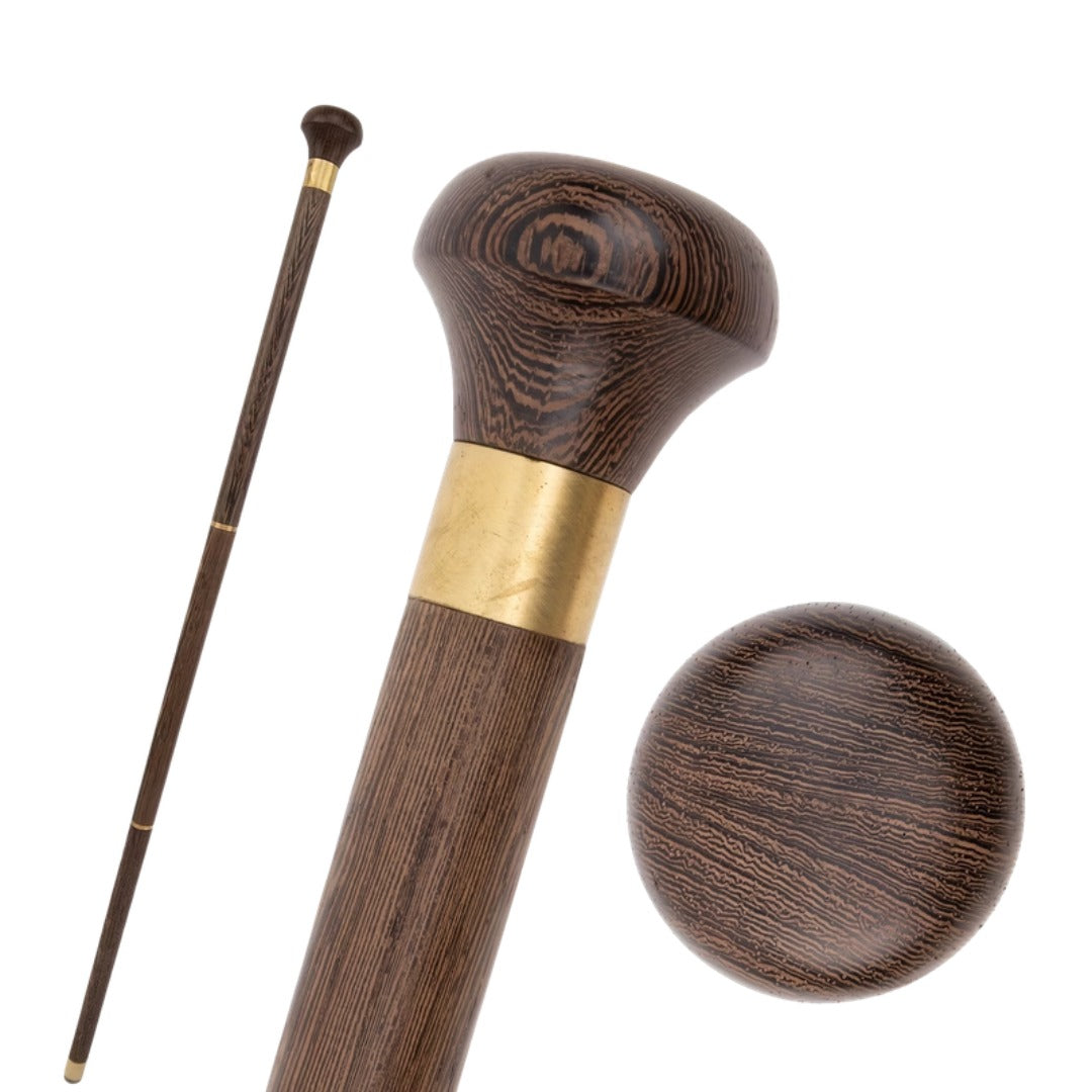 Knob handle walking stick with brass collar, full length and top view