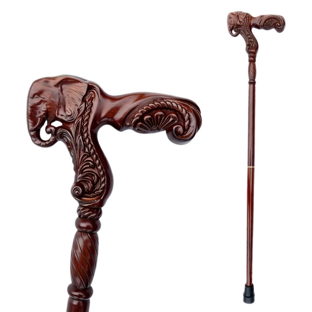 Elephant Head Walking Cane in deep mahogany, carved handle and full length