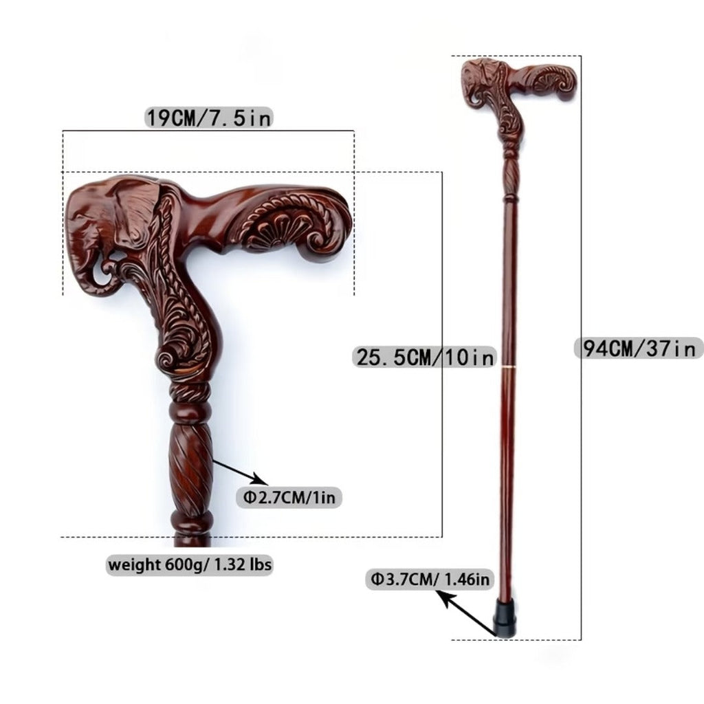 Carved elephant head handle in mahogany, close-up detail