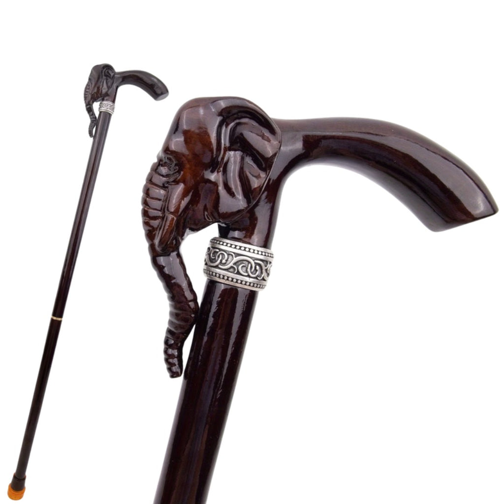 Elephant Derby Walking Cane, Silver Collar - carved handle and full length