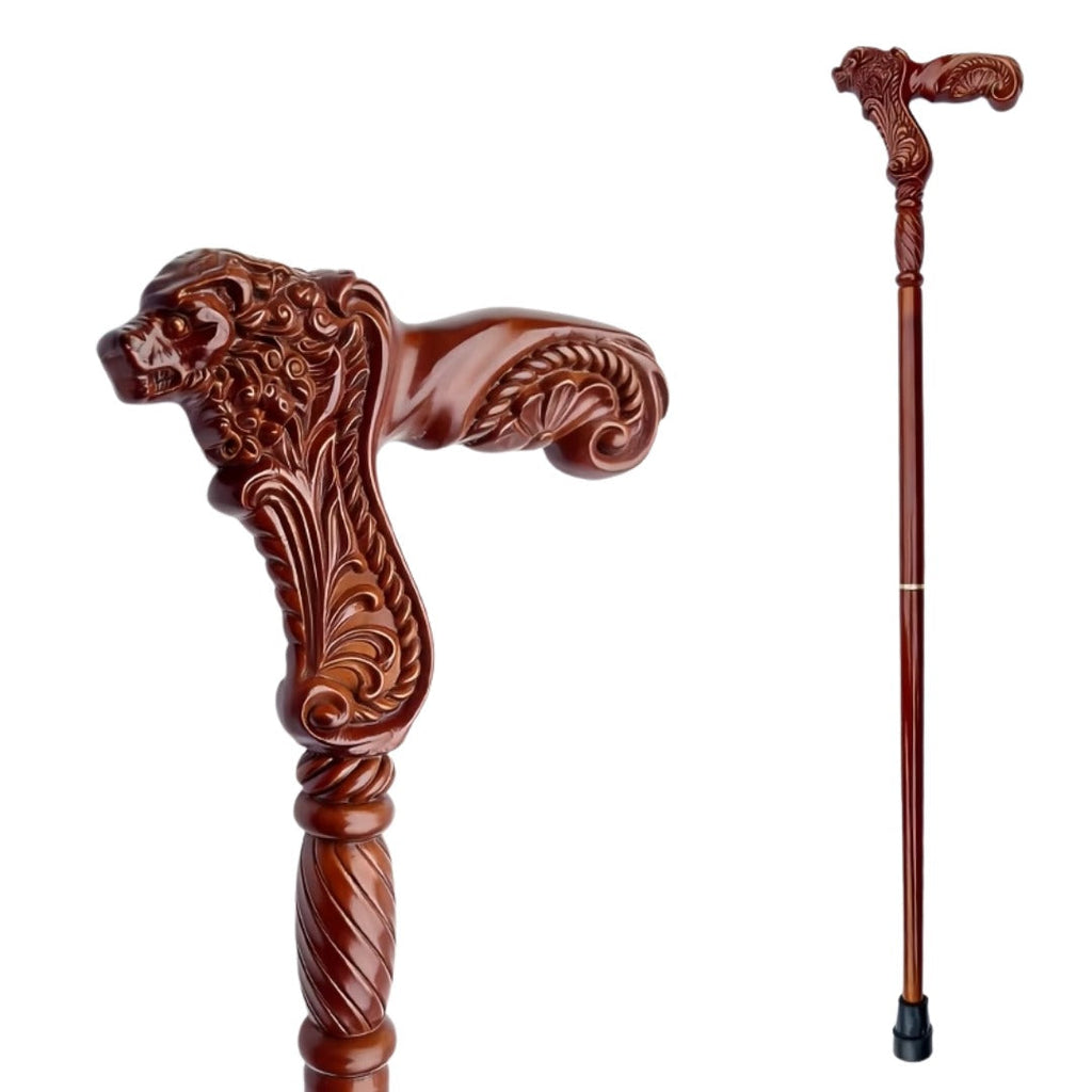 Scroll Lion Walking Cane in chestnut brown, carved grip and full length