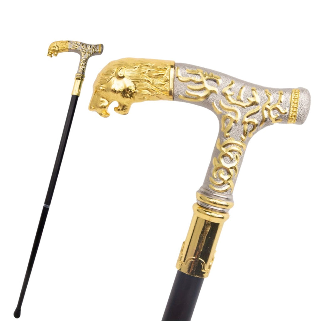 Gold Lion Walking Cane with ornate silver T-handle and black shaft