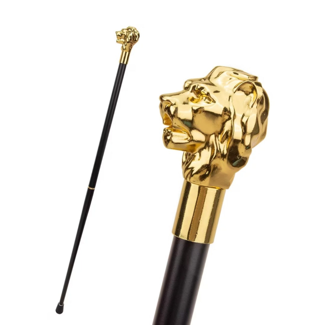 Golden Lion Head Walking Cane with slim black shaft