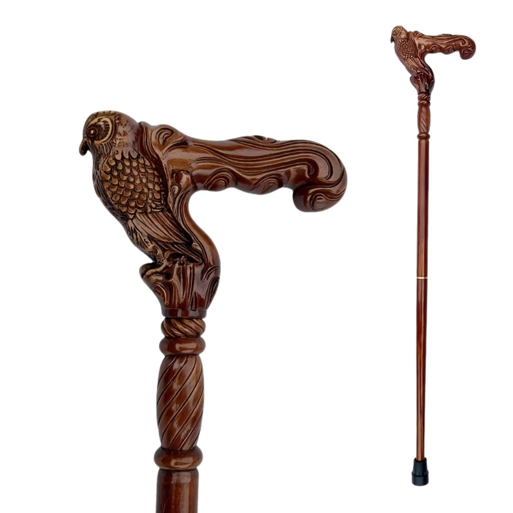 Owl Walking Cane, carved owl on branch grip and full length