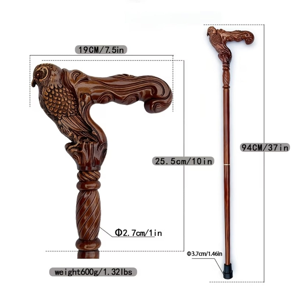 Owl Walking Cane, second view of the carved owl handle