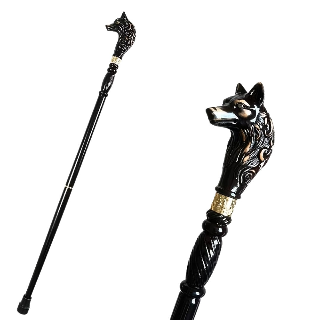 Wolf Head Walking Cane in black, carved wolf and full length