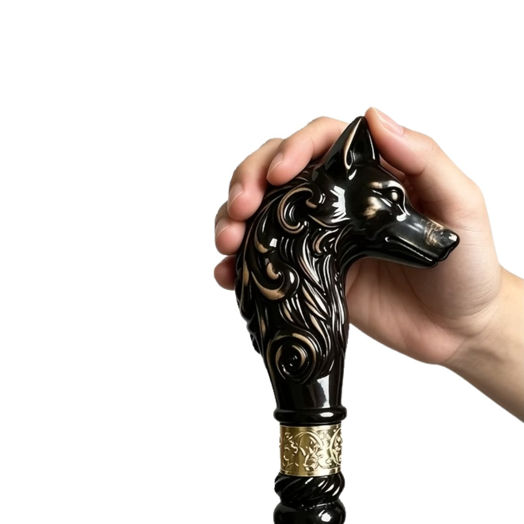 Wolf Head Walking Cane in black, third view