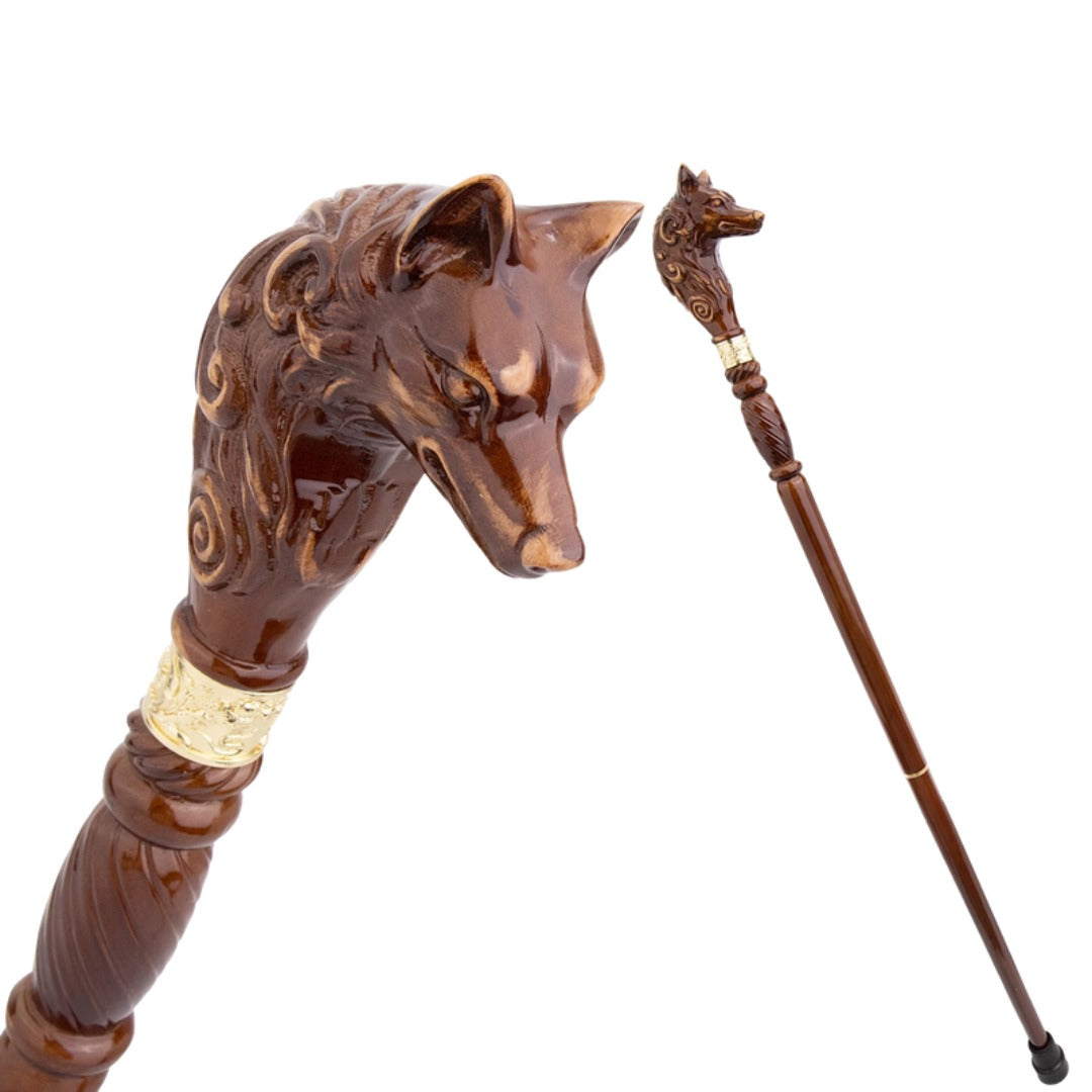 Wolf Head Walking Cane in brown, carved wolf and full length