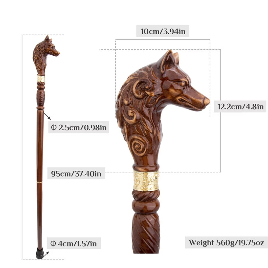 Brown wolf head handle, close-up