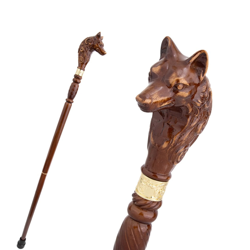 Wolf Head Walking Cane in brown, third view