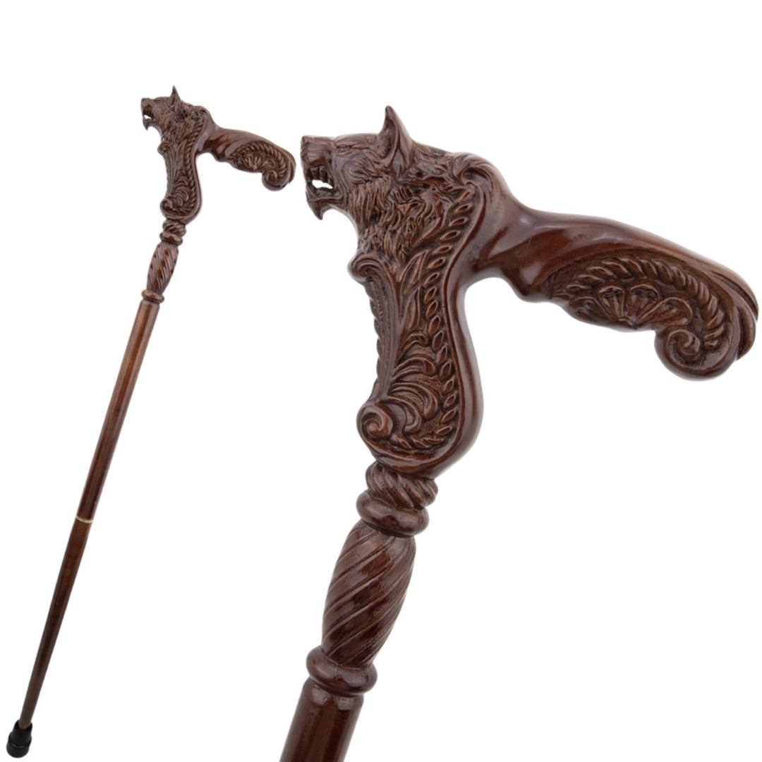Snarling Wolf Walking Cane, carved wolf grip and full length