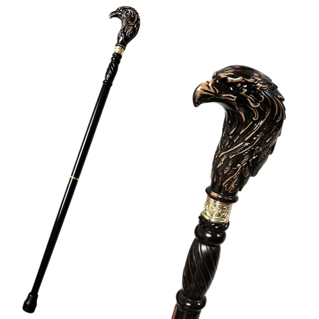 Black Eagle Walking Cane, carved head and full length