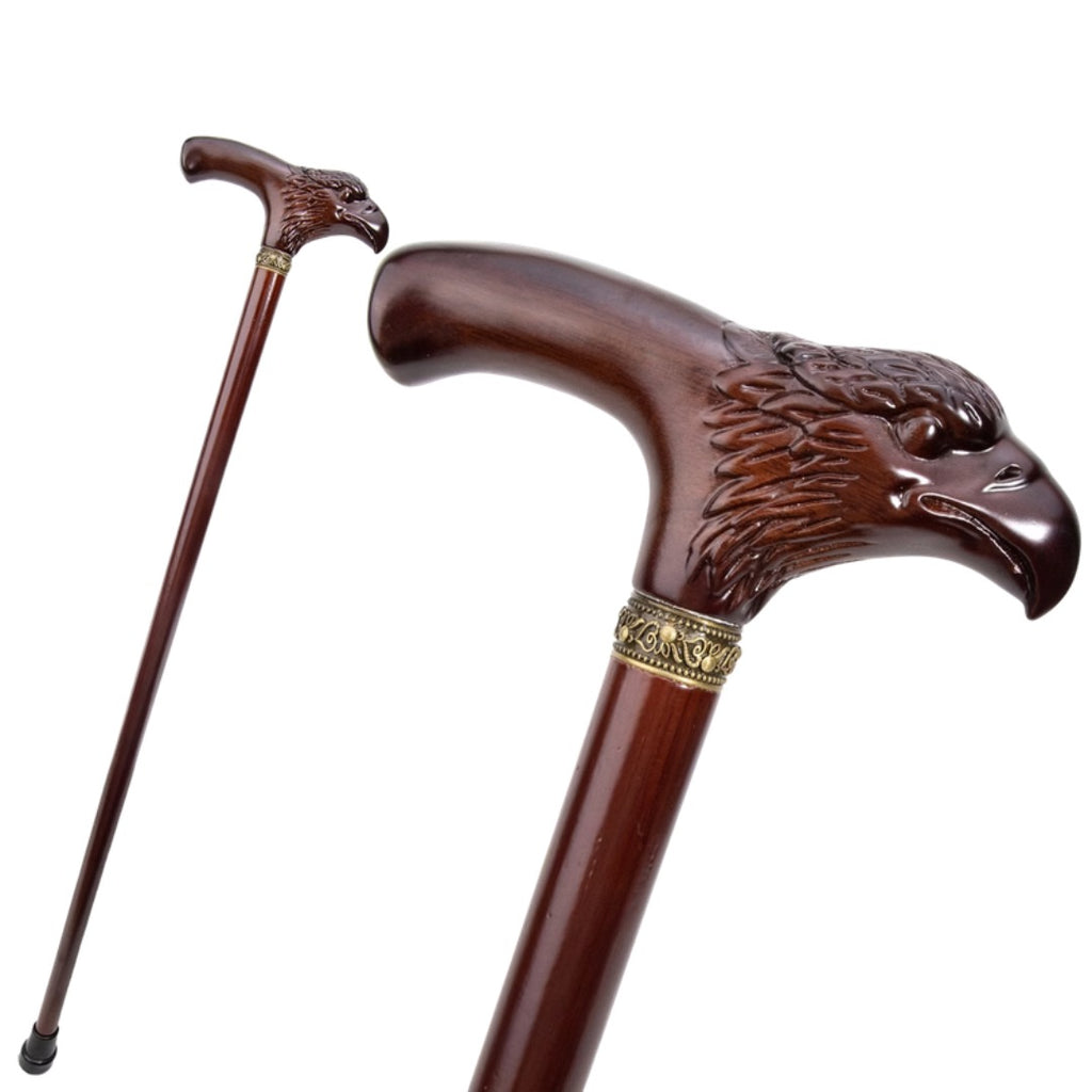 Eagle Head Walking Cane with bronze collar, carved handle and full length