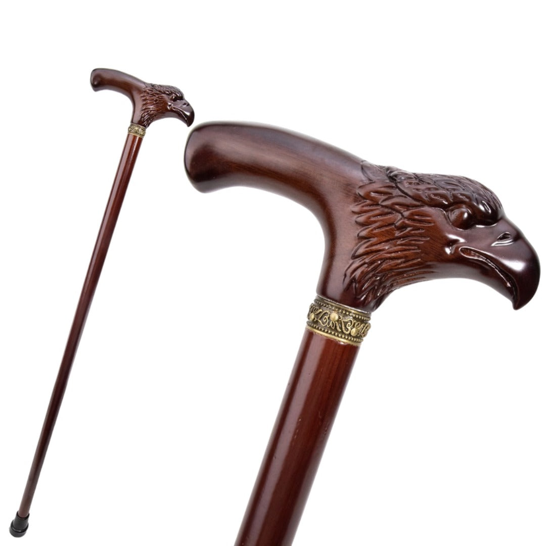 Eagle Head Walking Cane with bronze collar, carved handle and full length