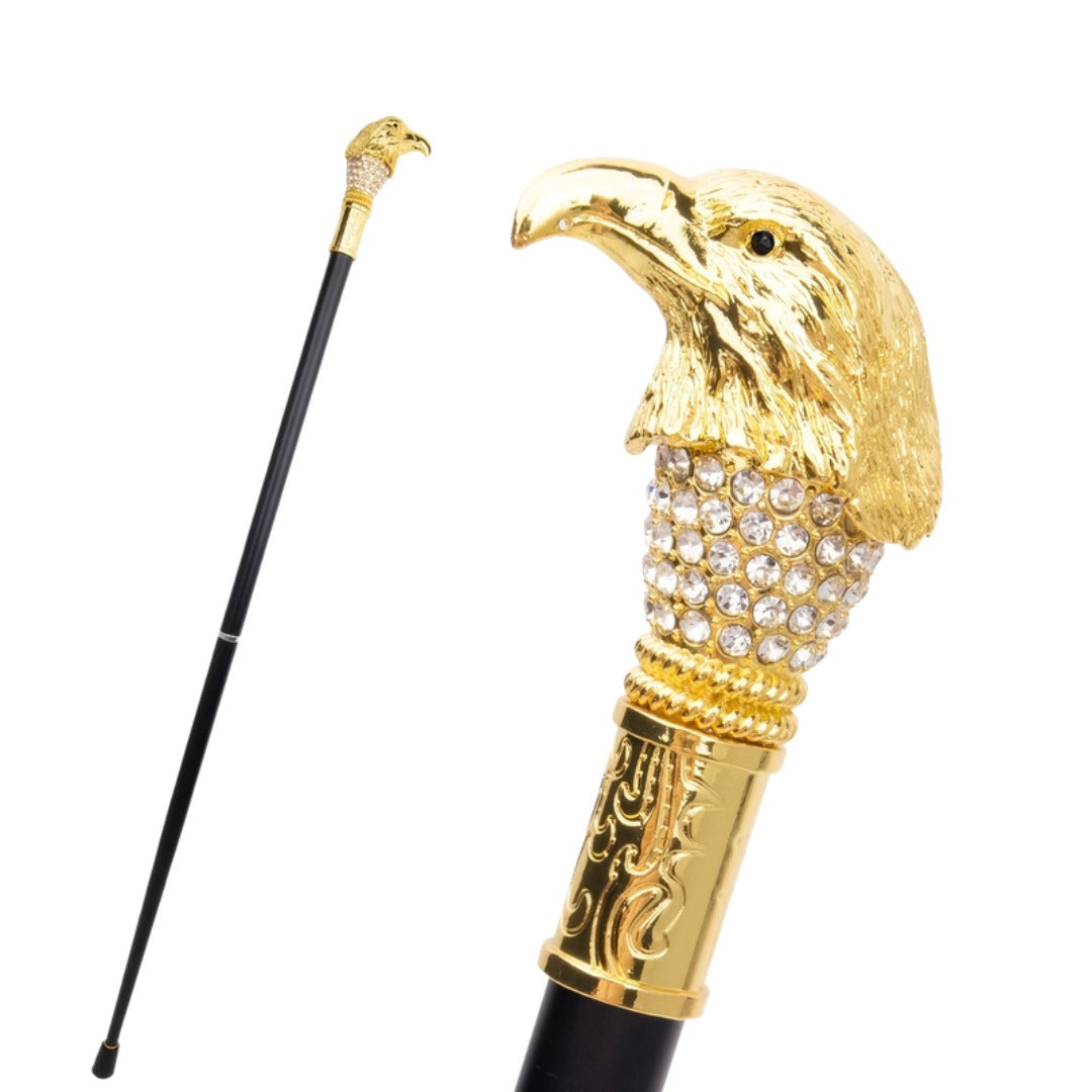 Golden Eagle Walking Cane with clear crystal collar, full length