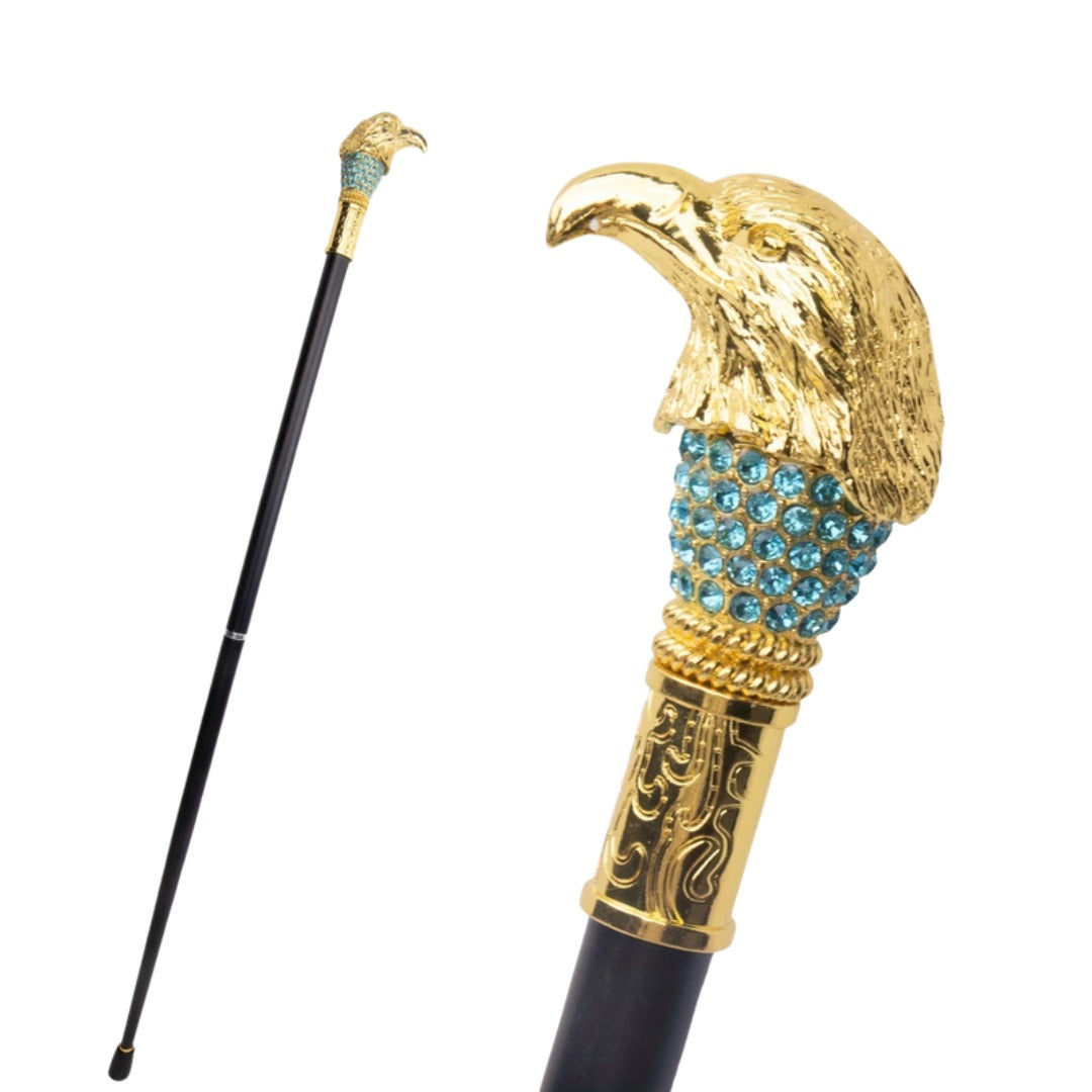 Golden Eagle Walking Cane with blue crystal collar, full length