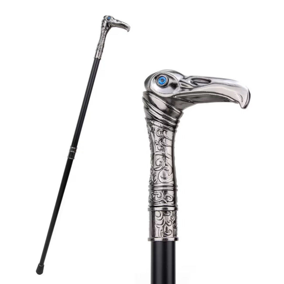 Vintage Eagle Walking Cane in silver alloy, blue-set eye and full length