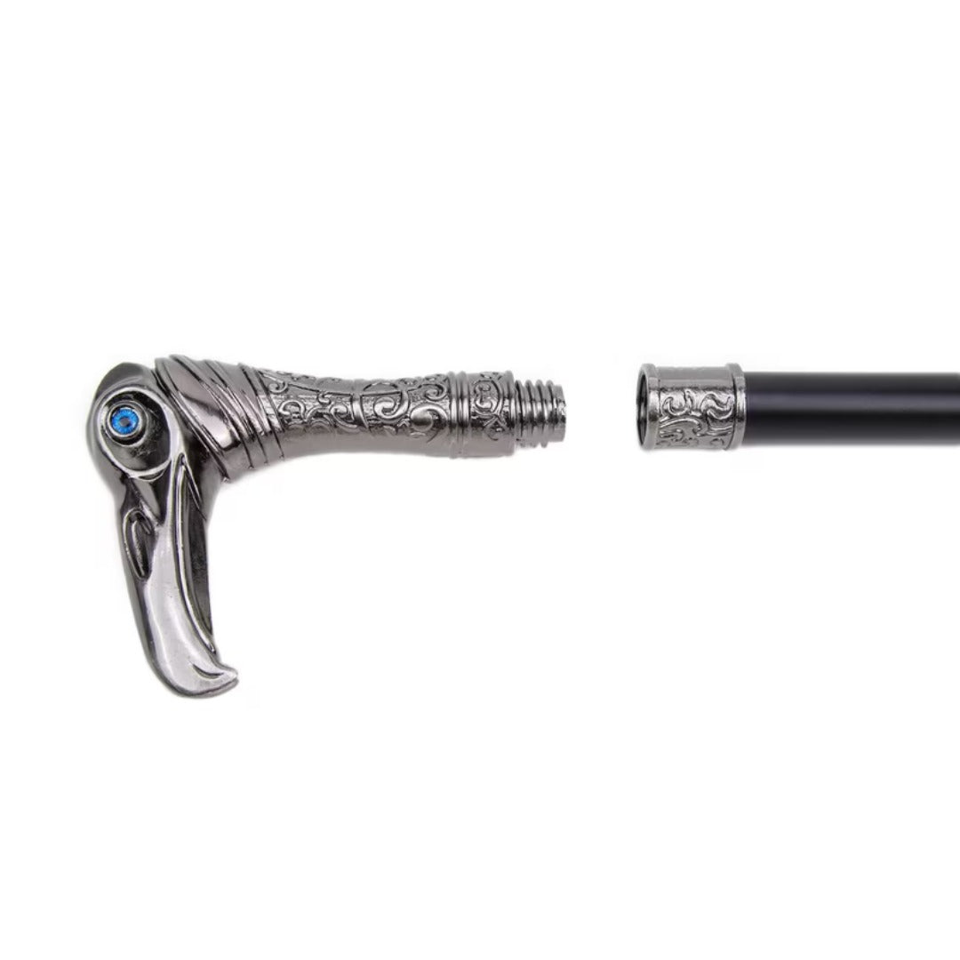 Gunmetal eagle head with engraved collar, close-up