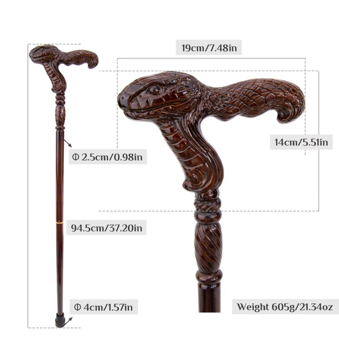 Cobra Snake Walking Cane, handle and shaft dimensions