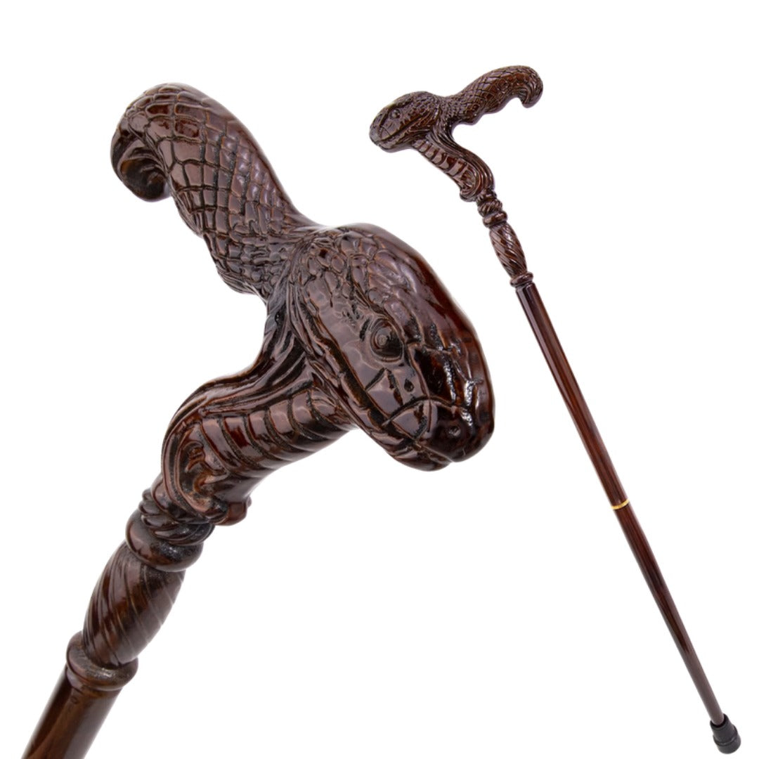 Carved cobra head grip, close-up