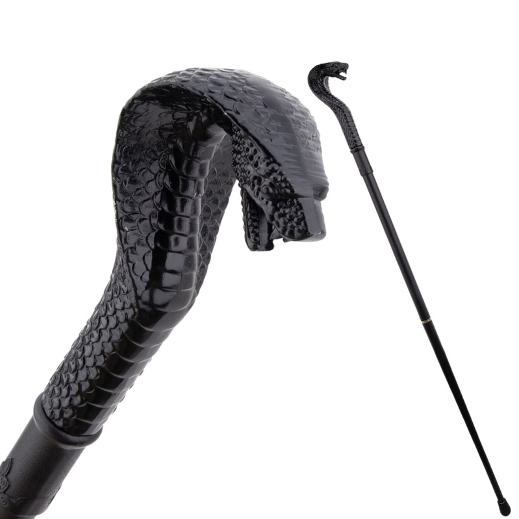 Cobra Crosier Walking Cane in black, hooded snake handle and full length