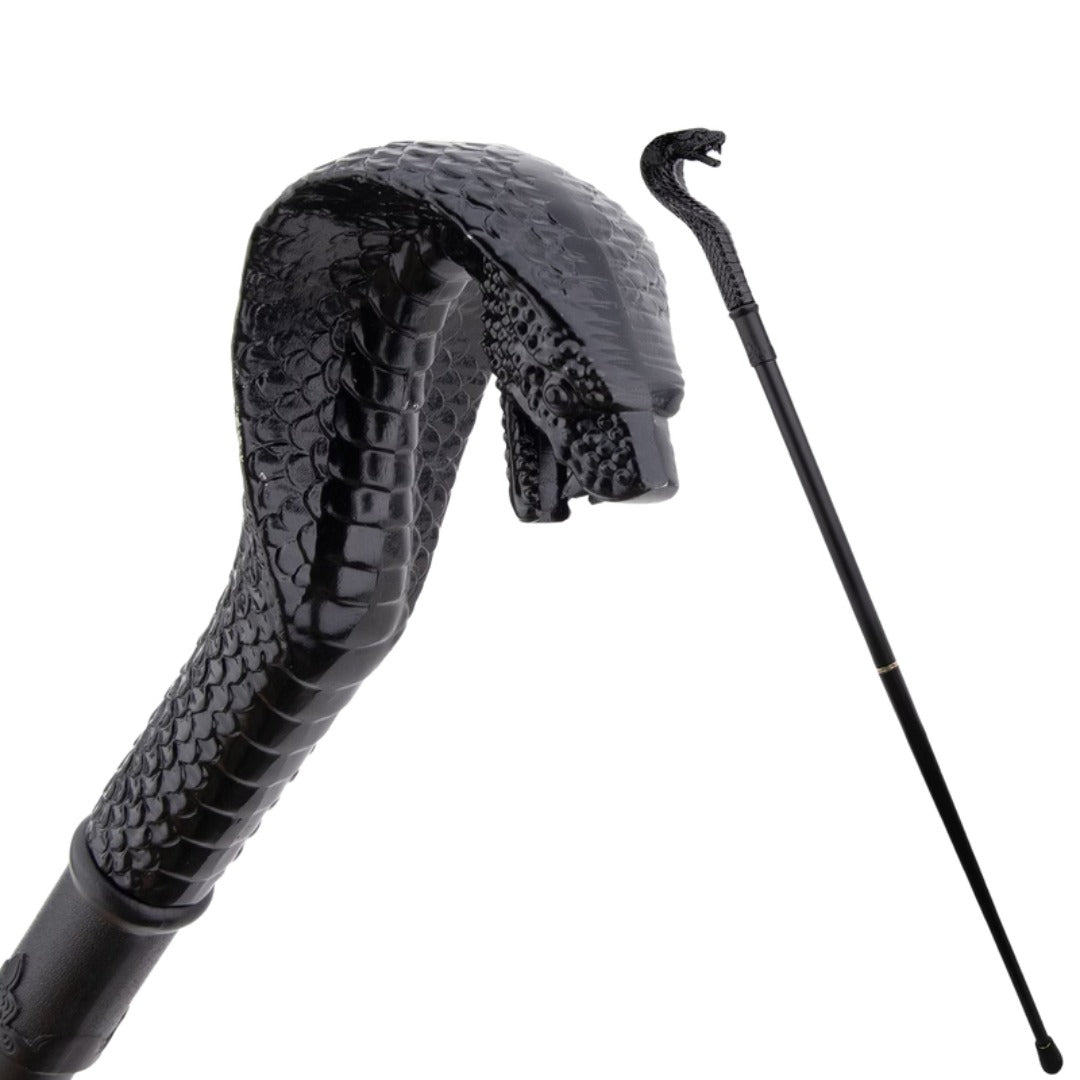 Cobra Crosier Walking Cane in black, hooded snake handle and full length