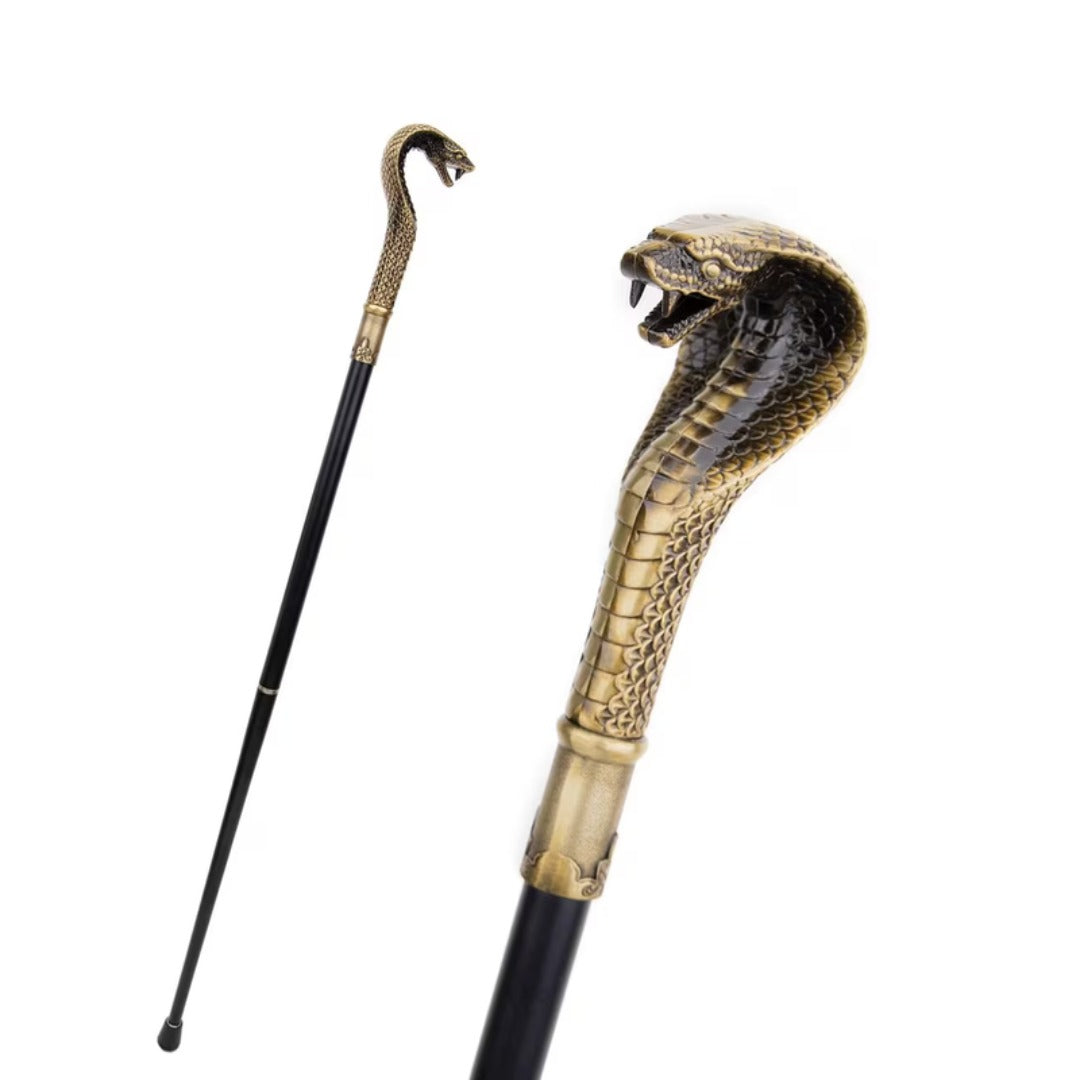 Cobra Crosier Walking Cane in bronze, hooded snake handle and full length