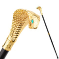Golden Cobra Walking Cane with coloured eyes, gold finish full length