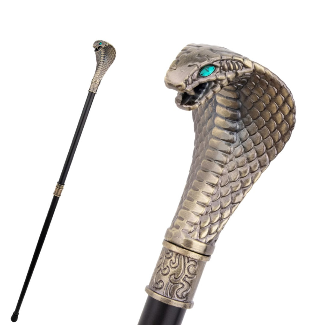 Golden Cobra Walking Cane in bronze with blue coloured eyes, full length