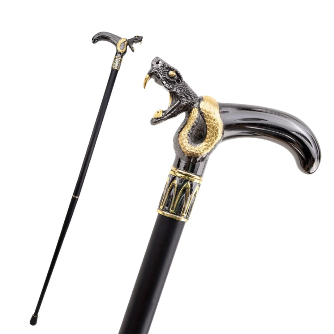 Striking Snake Walking Cane, gold snake over black handle and full length