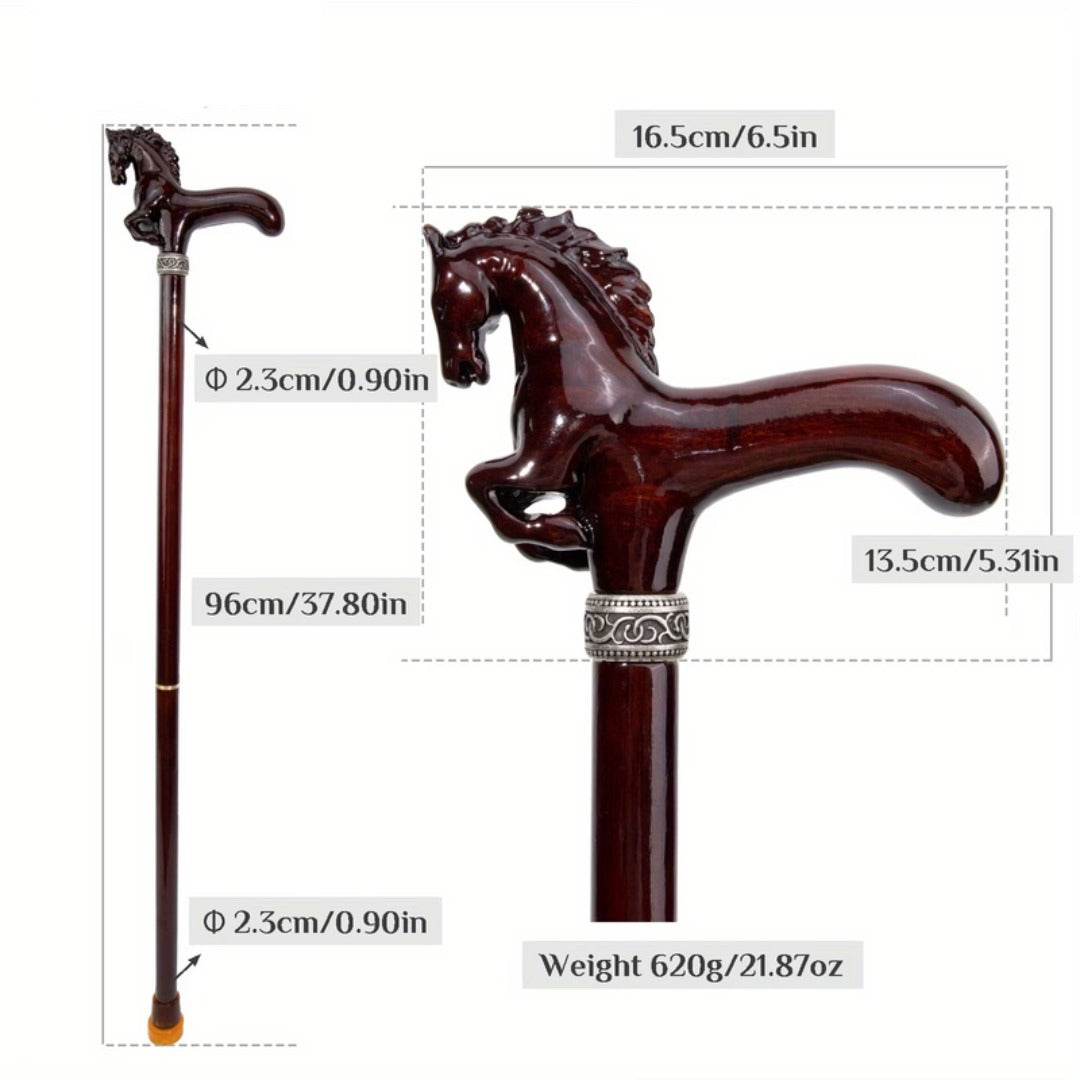 Carved rearing horse grip, close-up