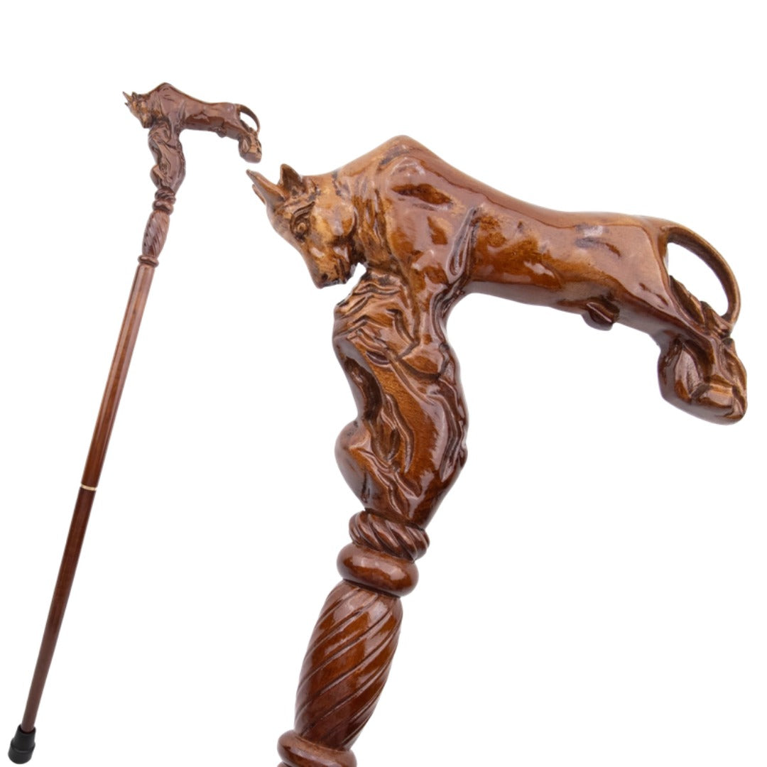 Fighting Bull Walking Cane, carved bull grip and full length
