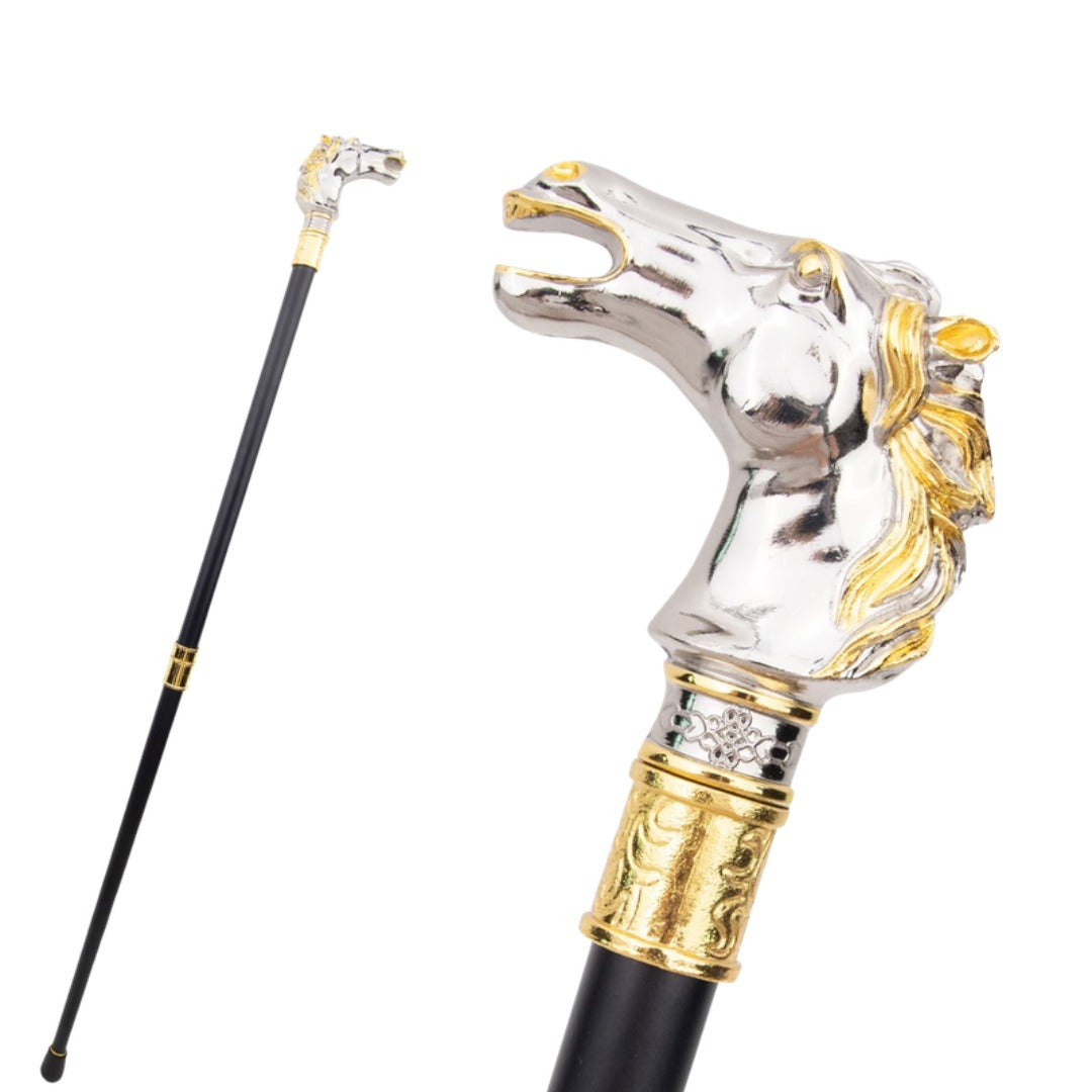 Race Horse Walking Cane in silver and gold, metal head and full length
