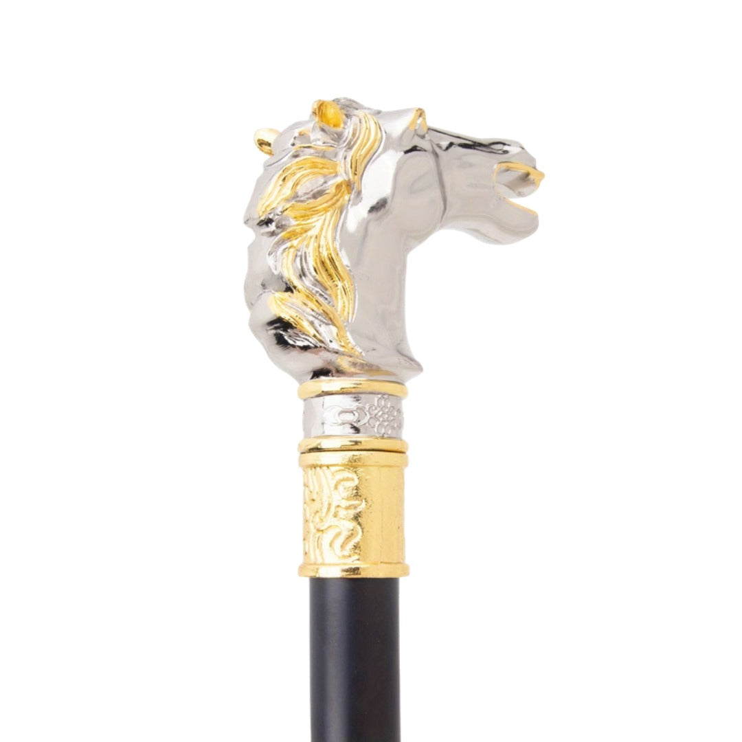 Race Horse Walking Cane, silver and gold, third view