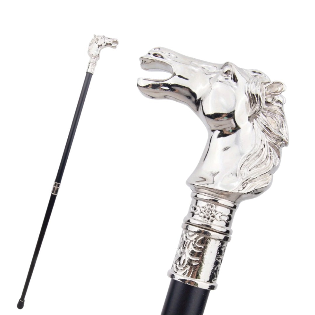 Race Horse Walking Cane in silver, metal head and full length