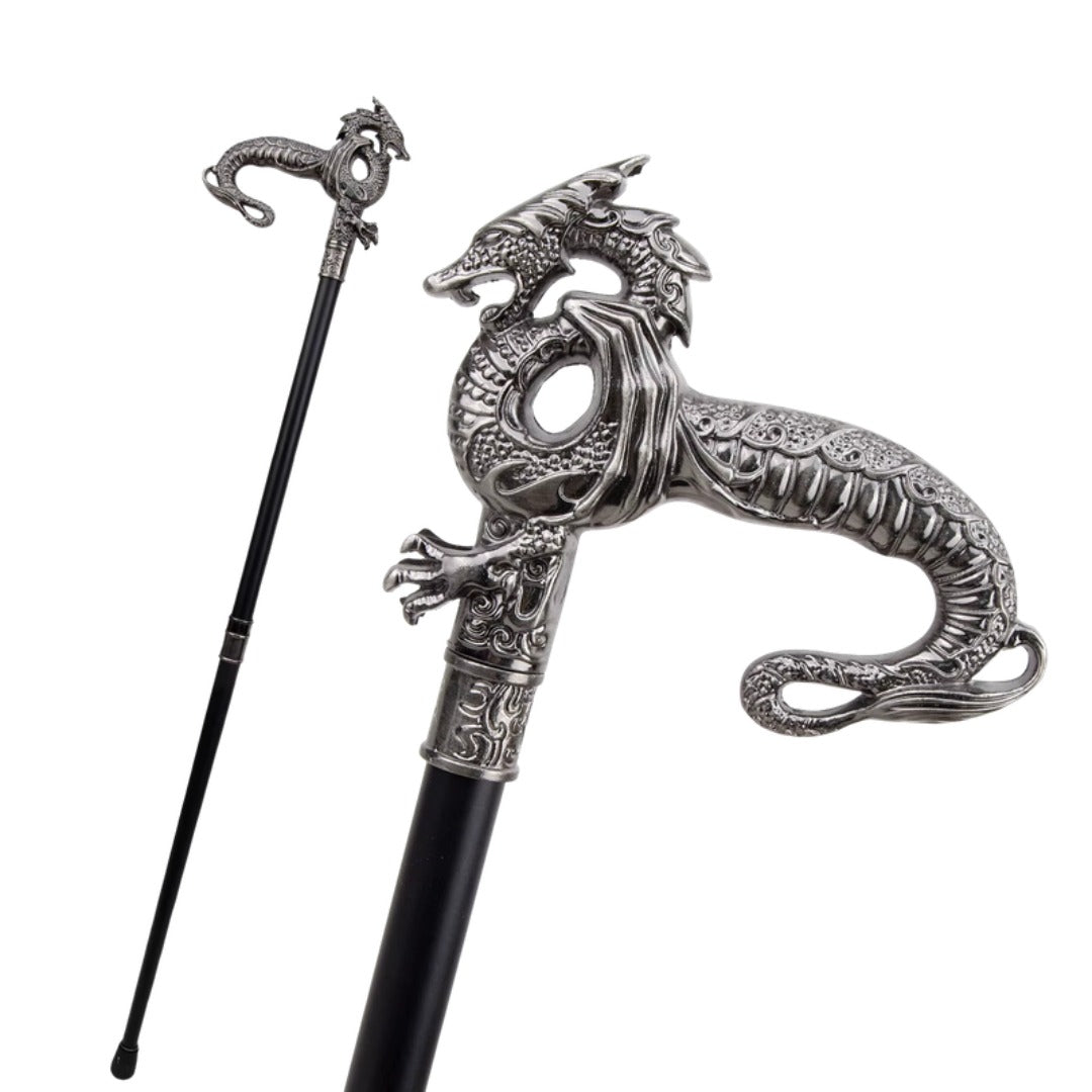 Silver Dragon Walking Cane, coiled dragon T-handle and full length